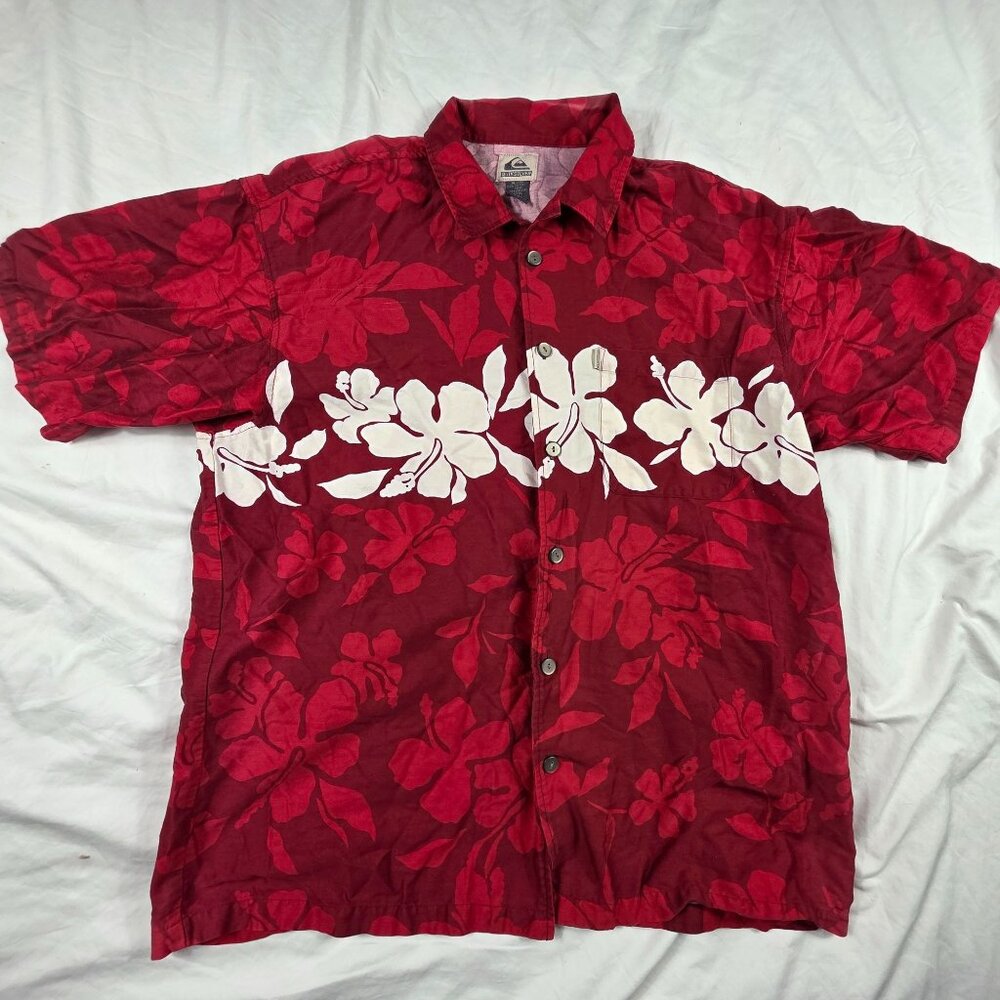 Quiksilver Hawaiian Floral Mens Size XL Red White Short Sleeve Button Up Shirt